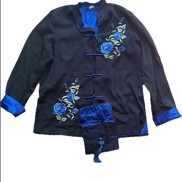 Beautiful silk Floral Chinese jacket reversible w/purse black and blue xl